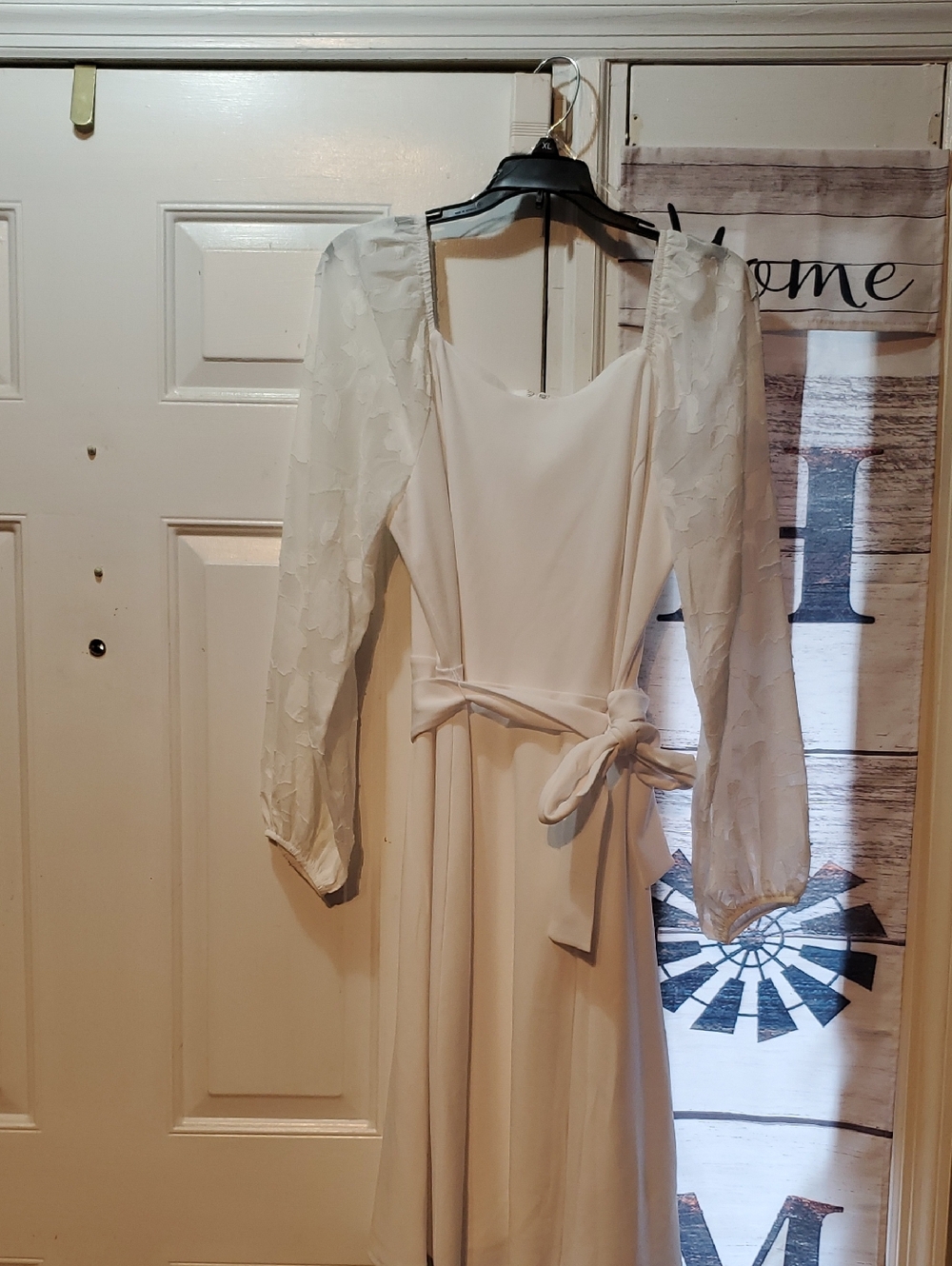 Cato White Long-Sleeve Midi Dress with Sheer Textured Sleeves
